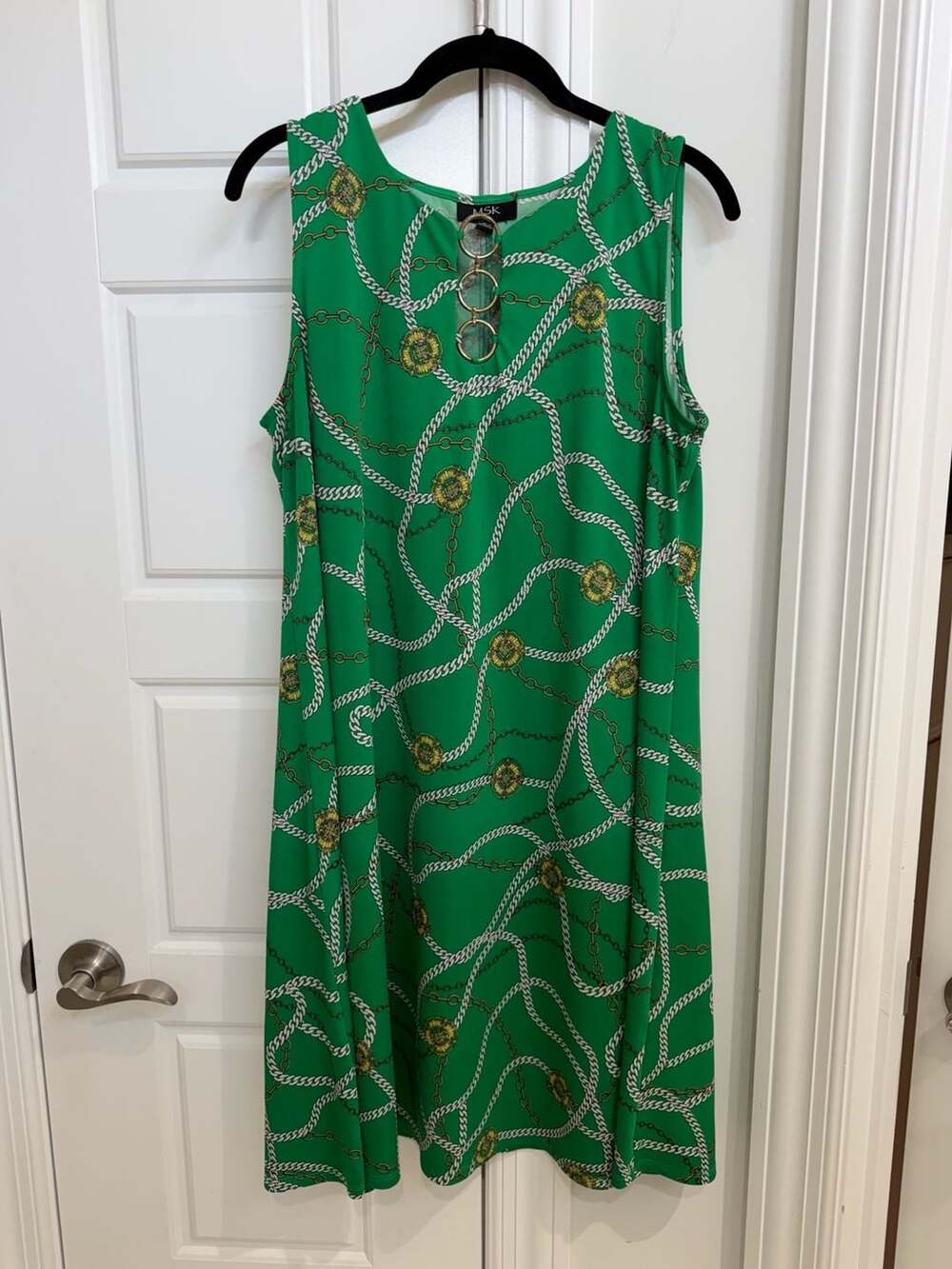 MSK Green Chain Print Sleeveless Swing Dress Size Large Gold Ring Detail